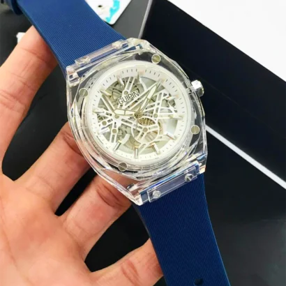 GUIPIN original men’s skeleton watch with transparent case, round dial, quartz movement, and silicone strap — bold design with smooth performance.