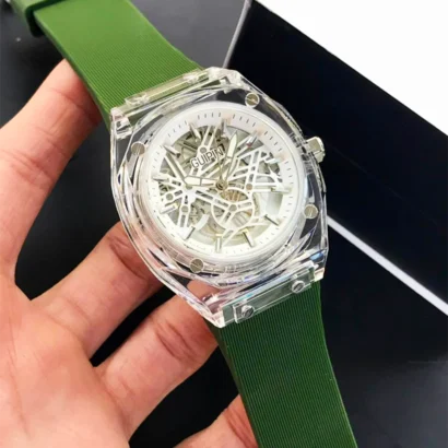 GUIPIN original men’s skeleton watch with transparent case, round dial, quartz movement, and silicone strap — bold design with smooth performance.