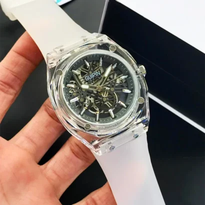 GUIPIN original men’s skeleton watch with transparent case, round dial, quartz movement, and silicone strap — bold design with smooth performance.