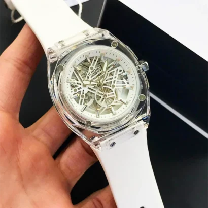 GUIPIN original men’s skeleton watch with transparent case, round dial, quartz movement, and silicone strap — bold design with smooth performance.