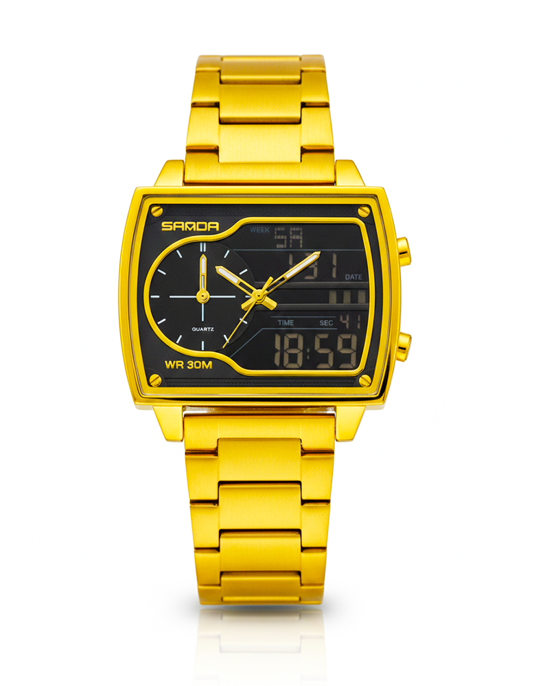 SANDA analog digital watch Pakistan, square dial men watch, analog digital sports watch, stainless steel digital watch Pakistan, water resistant men watch, SANDA quartz watch