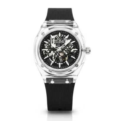 GUIPIN original men’s skeleton watch with transparent case, round dial, quartz movement, and silicone strap — bold design with smooth performance.
