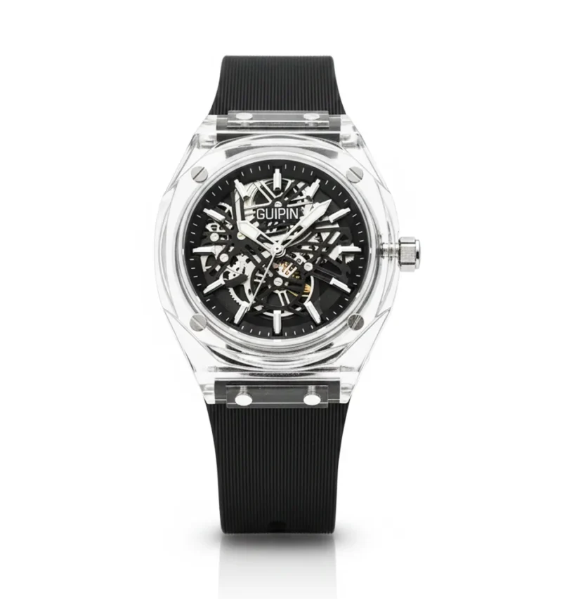 GUIPIN original men’s skeleton watch with transparent case, round dial, quartz movement, and silicone strap — bold design with smooth performance.
