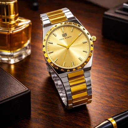 Sleek and trendy TRUE WORTH watch featuring an ultra-slim case, solid steel chain, and butterfly master lock. Premium quality with modern style.