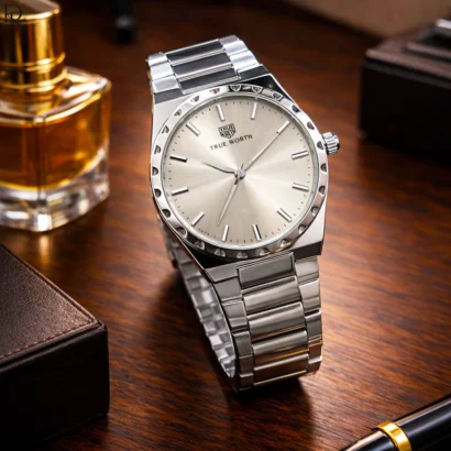 Sleek and trendy TRUE WORTH watch featuring an ultra-slim case, solid steel chain, and butterfly master lock. Premium quality with modern style.