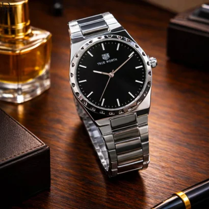 Sleek and trendy TRUE WORTH watch featuring an ultra-slim case, solid steel chain, and butterfly master lock. Premium quality with modern style.