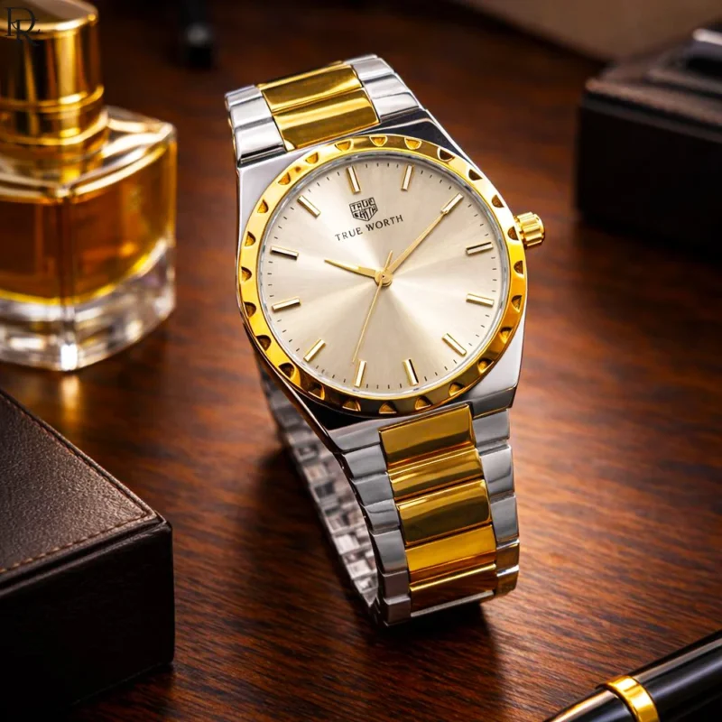 Home 3 4 Sleek and trendy TRUE WORTH watch featuring an ultra-slim case, solid steel chain, and butterfly master lock. Premium quality with modern style.